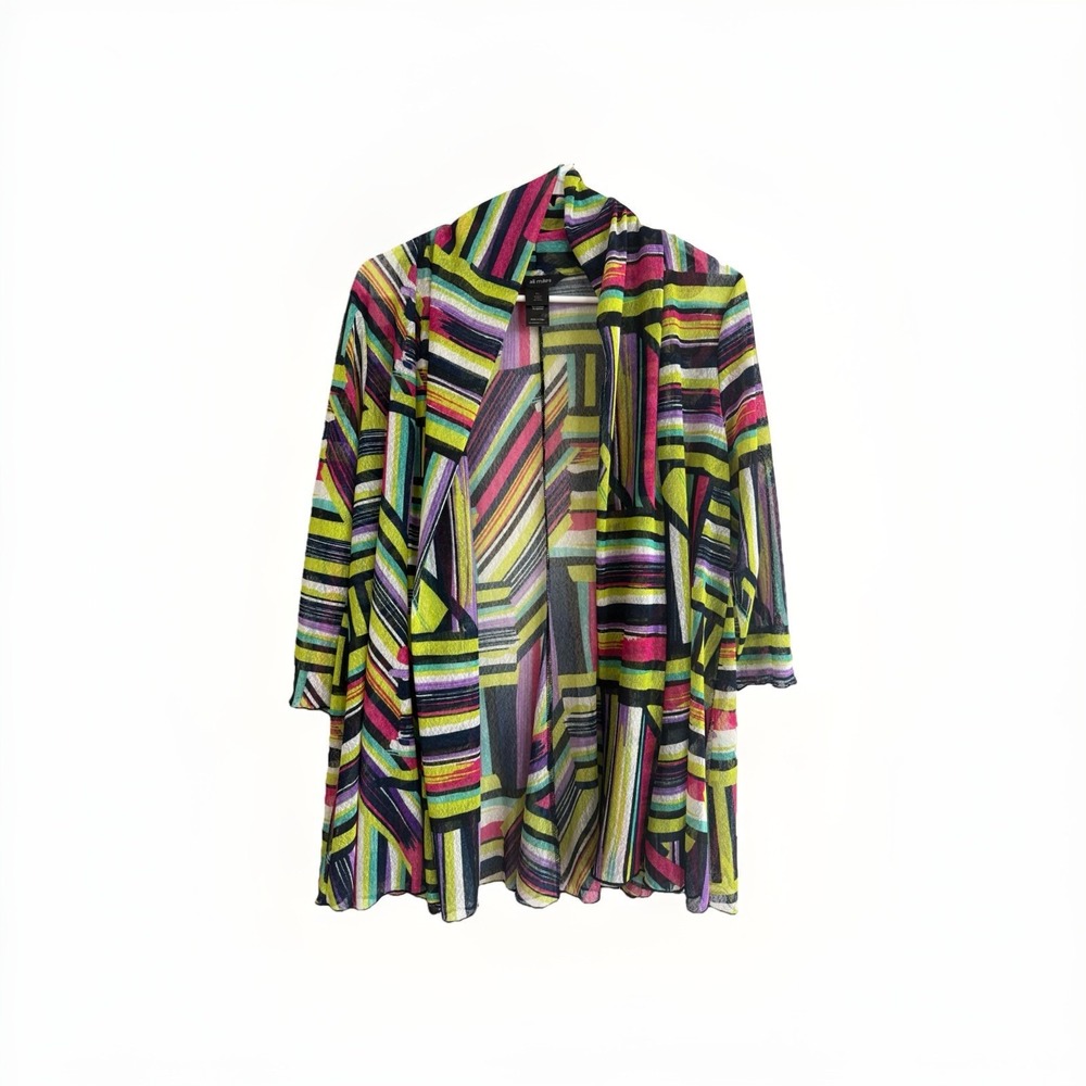 Ali Miles Mesh Topper Sz PL Sheer Open Front Duster Colorful Artsy Work Business